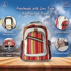 Ojas Yatra Red Hemp Backpack Large - Pure Himalayan Hemp Bag - Multi Pocket Handmade Backpacks for Men & Women - Bohemian Laptop Bag for Travel & Festivals
