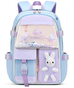 mcwth school backpack for girls, lightweight waterproof cute bunny school bookbag for teen kids students elementary (rabbit blue)
