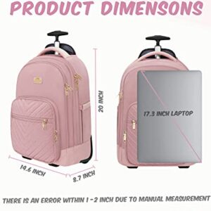 MATEIN Rolling Backpack for Women, 17 Inch Travel Laptop Backpacks with Wheels, Waterproof Large Carry On Business Luggage Roller Backpack, Trolley Suitcase Overnight College Work Computer Bag, Pink