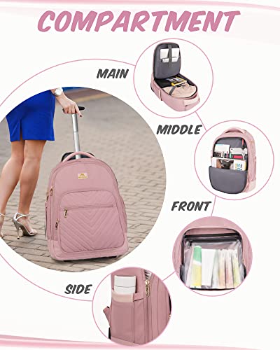 MATEIN Rolling Backpack for Women, 17 Inch Travel Laptop Backpacks with Wheels, Waterproof Large Carry On Business Luggage Roller Backpack, Trolley Suitcase Overnight College Work Computer Bag, Pink