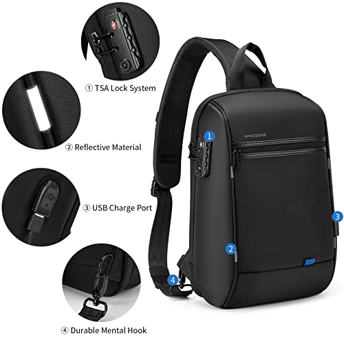 Kingsons Laptop Sling Backpack Anti Theft Bag - Hiking Daypack 13 Inch Waterproof Nylon Travel Bags for Men, Single Shoulder Camping Dayback with USB Charging Port TSA Lock for Traveling