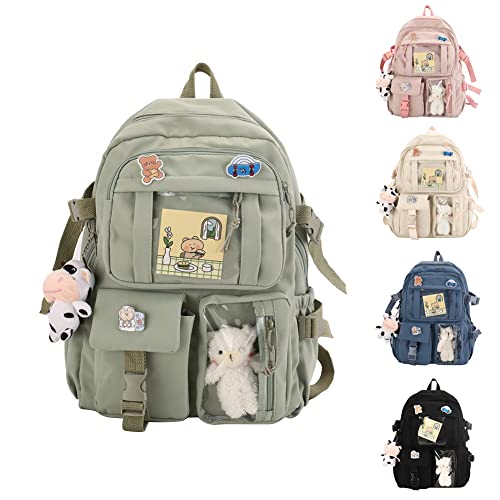 hwojjha Backpack Lovely Pastel Rucksack for Teen Girls, Cute Aesthetic Bookbag for School with Kawaii Pin and Accessories (green)