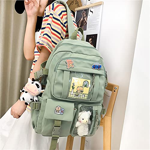 hwojjha Backpack Lovely Pastel Rucksack for Teen Girls, Cute Aesthetic Bookbag for School with Kawaii Pin and Accessories (green)