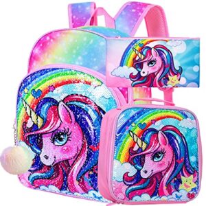 ftjcf 3pcs unicorn backpack, 16" girls rainbow sequins kids bookbag with lunch box, school bags for elementary preschool kindergarten - pink