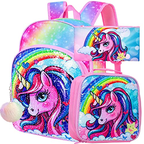 FTJCF 3PCS Unicorn Backpack, 16" Girls Rainbow Sequins Kids Bookbag with Lunch Box, School Bags for Elementary Preschool Kindergarten - Pink