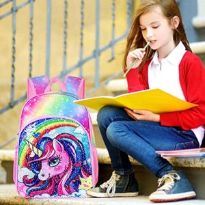 FTJCF 3PCS Unicorn Backpack, 16" Girls Rainbow Sequins Kids Bookbag with Lunch Box, School Bags for Elementary Preschool Kindergarten - Pink