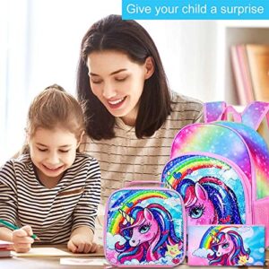 FTJCF 3PCS Unicorn Backpack, 16" Girls Rainbow Sequins Kids Bookbag with Lunch Box, School Bags for Elementary Preschool Kindergarten - Pink