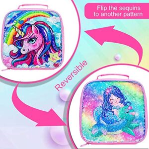 FTJCF 3PCS Unicorn Backpack, 16" Girls Rainbow Sequins Kids Bookbag with Lunch Box, School Bags for Elementary Preschool Kindergarten - Pink