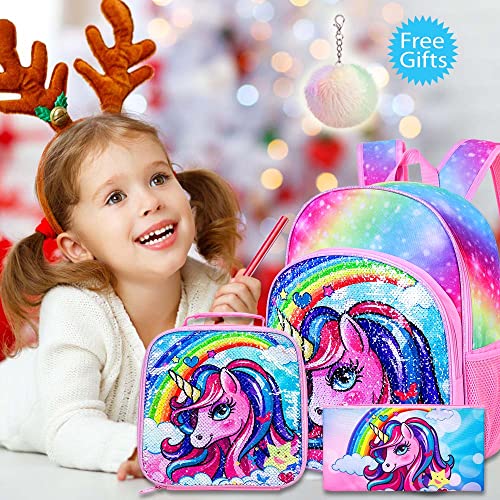 FTJCF 3PCS Unicorn Backpack, 16" Girls Rainbow Sequins Kids Bookbag with Lunch Box, School Bags for Elementary Preschool Kindergarten - Pink