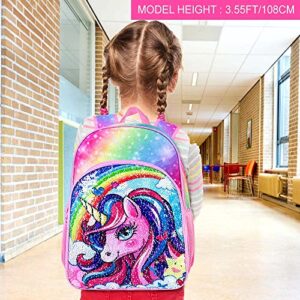 FTJCF 3PCS Unicorn Backpack, 16" Girls Rainbow Sequins Kids Bookbag with Lunch Box, School Bags for Elementary Preschool Kindergarten - Pink