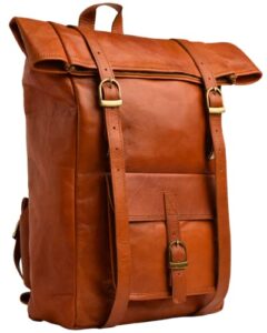 volksy bags leather backpack for men & women, leather laptop backpack, leather bookbag, brown vintage backpack rucksack roll top bag pack for work, travel & business