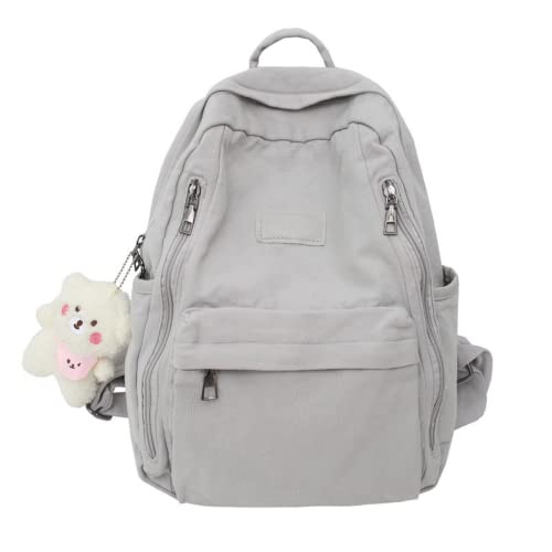 CHERSE Aesthetic Kawaii Backpack to school large capacity Lovely Aesthetic Student canvas Bookbags with accessories (Gray)