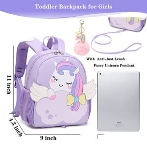 Toddler Backpack Cute Unicorn Little Kids Backpacks for Girls Preschool Backpack Kindergarten Bookbags With Chest Strap Anti-lost Safety Leash (Little Backpack-Purple) One Size