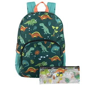 trail maker boys backpack and pencil case set for kindergarten, elementary school, 17 inch kids backpack with side pockets (goofy grinning dinos)