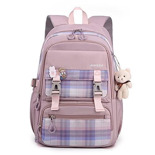 Girls Plaid Aesthetics Backpack Teens Lightweight Casual Bookbag Kawaii Travel Bag with Cute Pins Accessories Schoolbag