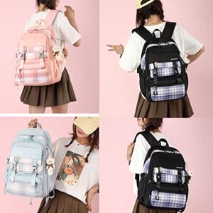 Girls Plaid Aesthetics Backpack Teens Lightweight Casual Bookbag Kawaii Travel Bag with Cute Pins Accessories Schoolbag