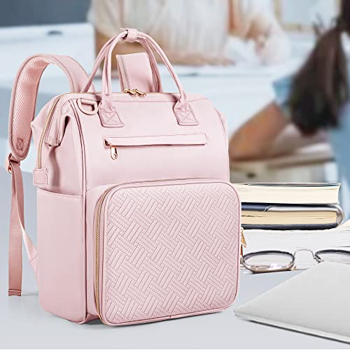 Fasrom Teacher Bag Backpack for Work Women with 14 Inches Laptop Compartment and Pockets for Teacher Supplies (Empty Bag Only, Patent Design), Pink