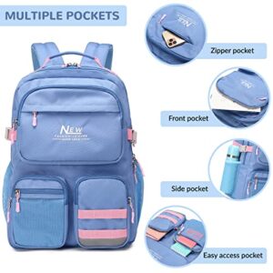 El-fmly Big School Backpack Bookbag for Teen Students, Multi Pockets Water Resistant Casual Daypack with 15.6 inch Laptop pocket for Travel (Grey Blue)