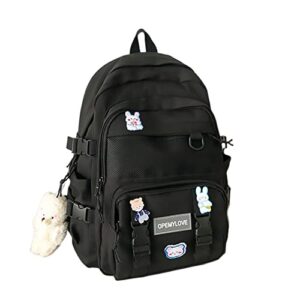 asnat cute backpack with kawaii pin and accessories back to school bag large capacity (black)