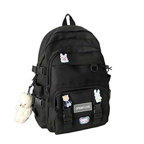 ASNAT Cute Backpack with Kawaii Pin and Accessories Back to School Bag Large Capacity (Black)