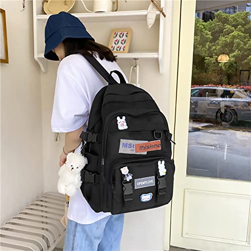 ASNAT Cute Backpack with Kawaii Pin and Accessories Back to School Bag Large Capacity (Black)