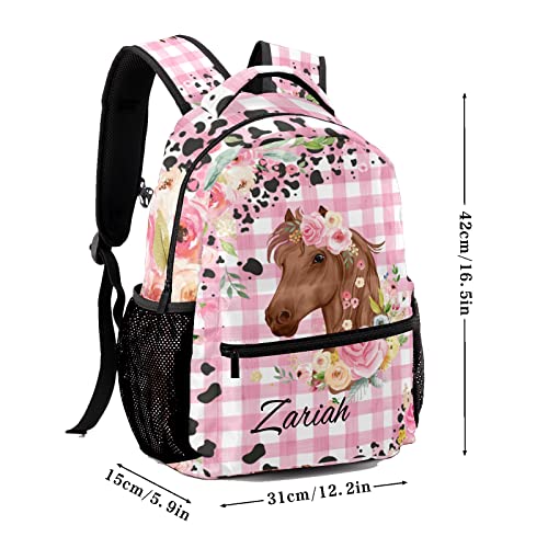 Deven Floral Horse Pink Plaid Personalized Kids Backpack for Boy/Girl Teen Primary School Daypack Travel Bag Bookbag