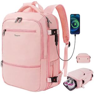carry on backpack for women, cute pink college backpack with usb charging port for 15.6inch laptop, flight approved 35l travel backpack casual bag luggage gifts for graduates gym weekend hiking,pink
