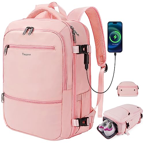 Carry On Backpack for Women, Cute Pink College backpack with USB Charging Port for 15.6inch Laptop, Flight Approved 35l Travel Backpack Casual Bag Luggage Gifts for Graduates Gym Weekend Hiking,Pink