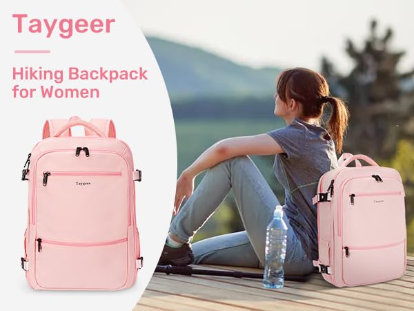 Carry On Backpack for Women, Cute Pink College backpack with USB Charging Port for 15.6inch Laptop, Flight Approved 35l Travel Backpack Casual Bag Luggage Gifts for Graduates Gym Weekend Hiking,Pink