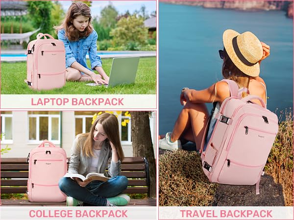 Carry On Backpack for Women, Cute Pink College backpack with USB Charging Port for 15.6inch Laptop, Flight Approved 35l Travel Backpack Casual Bag Luggage Gifts for Graduates Gym Weekend Hiking,Pink