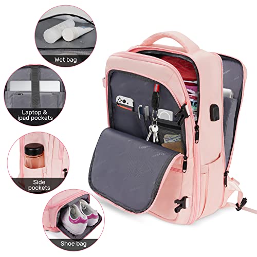 Carry On Backpack for Women, Cute Pink College backpack with USB Charging Port for 15.6inch Laptop, Flight Approved 35l Travel Backpack Casual Bag Luggage Gifts for Graduates Gym Weekend Hiking,Pink