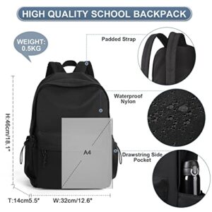 PAUBACK Black School Backpack for Girls Water Resistant High School Book Bag Simple Backpack for Teens Boys Girls, Lightweight Simple Middle School Back Pack Daypack