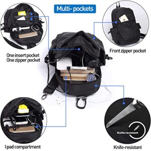 Small Black Sling Crossbody Backpack Shoulder Bag for Men Women, Waterproof Lightweight One Strap Backpack Sling Bag Backpack for Hiking Walking Biking Travel Cycling USB Charger Port-Nylon