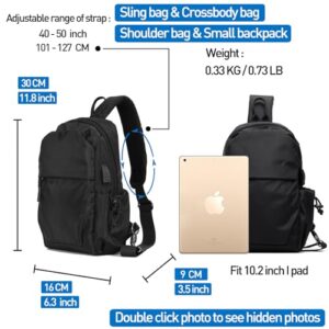 Small Black Sling Crossbody Backpack Shoulder Bag for Men Women, Waterproof Lightweight One Strap Backpack Sling Bag Backpack for Hiking Walking Biking Travel Cycling USB Charger Port-Nylon