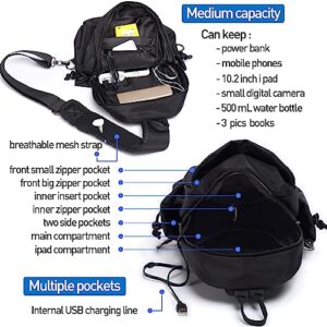 Small Black Sling Crossbody Backpack Shoulder Bag for Men Women, Waterproof Lightweight One Strap Backpack Sling Bag Backpack for Hiking Walking Biking Travel Cycling USB Charger Port-Nylon