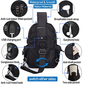 Small Black Sling Crossbody Backpack Shoulder Bag for Men Women, Waterproof Lightweight One Strap Backpack Sling Bag Backpack for Hiking Walking Biking Travel Cycling USB Charger Port-Nylon