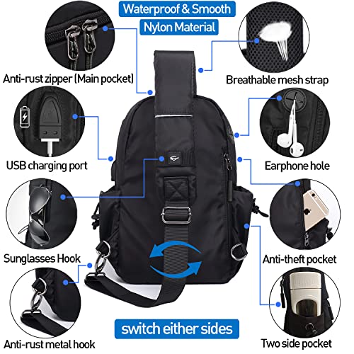 Small Black Sling Crossbody Backpack Shoulder Bag for Men Women, Waterproof Lightweight One Strap Backpack Sling Bag Backpack for Hiking Walking Biking Travel Cycling USB Charger Port-Nylon