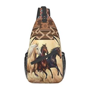 Horse Pattern Sling Bag Crossbody Backpack,Aztec Boho Ethnic Style Western Horse Chest Bag Three Horses Run In Desert Sandstorm Adjustable Shoulder Backpack Travel Hiking Casual Daypack For Men Women