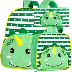 ftjcf 3pcs toddler backpack for boys, 12" dinosaur kindergarten bookbag, preschool kids school bag with lunch box - green