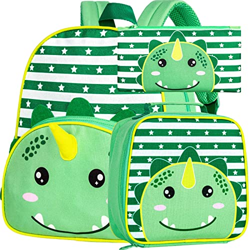 FTJCF 3PCS Toddler Backpack for Boys, 12" Dinosaur Kindergarten Bookbag, Preschool Kids School Bag with Lunch Box - Green