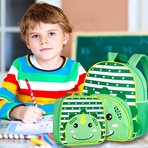 FTJCF 3PCS Toddler Backpack for Boys, 12" Dinosaur Kindergarten Bookbag, Preschool Kids School Bag with Lunch Box - Green