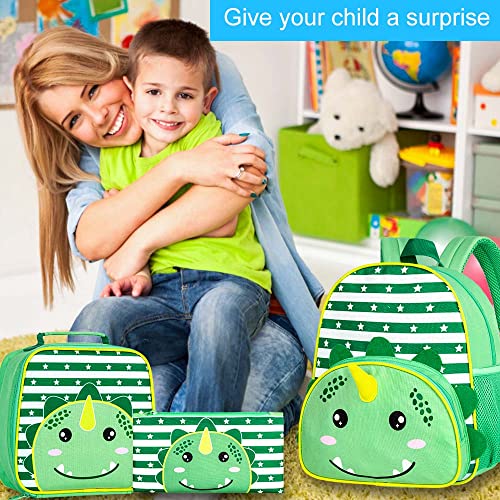 FTJCF 3PCS Toddler Backpack for Boys, 12" Dinosaur Kindergarten Bookbag, Preschool Kids School Bag with Lunch Box - Green