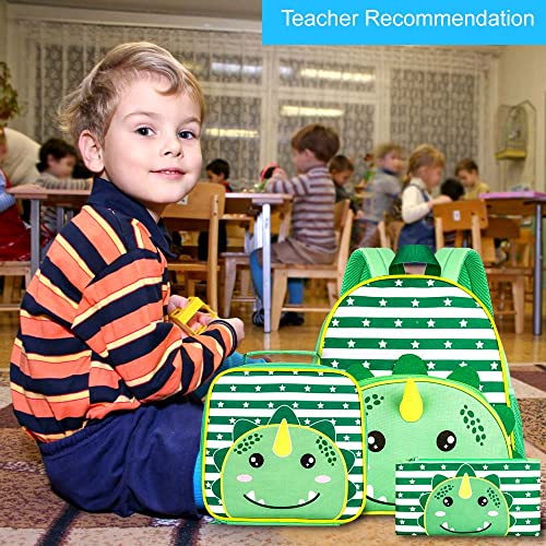 FTJCF 3PCS Toddler Backpack for Boys, 12" Dinosaur Kindergarten Bookbag, Preschool Kids School Bag with Lunch Box - Green