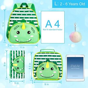 FTJCF 3PCS Toddler Backpack for Boys, 12" Dinosaur Kindergarten Bookbag, Preschool Kids School Bag with Lunch Box - Green