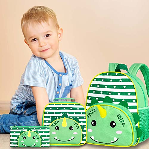 FTJCF 3PCS Toddler Backpack for Boys, 12" Dinosaur Kindergarten Bookbag, Preschool Kids School Bag with Lunch Box - Green