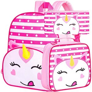 zlyert 3pcs toddler backpack for girls, 12" unicorn preschool bookbag with lunch box, cute animal kids kindergarten schoolbag - pink