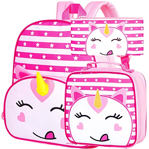 ZLYERT 3PCS Toddler Backpack for Girls, 12" Unicorn Preschool Bookbag with Lunch Box, Cute Animal Kids Kindergarten Schoolbag - Pink