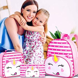 ZLYERT 3PCS Toddler Backpack for Girls, 12" Unicorn Preschool Bookbag with Lunch Box, Cute Animal Kids Kindergarten Schoolbag - Pink