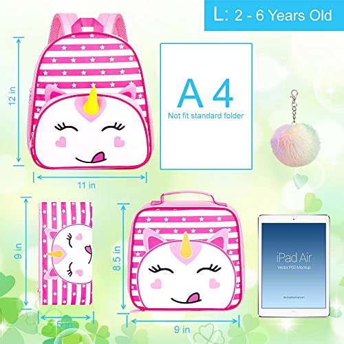 ZLYERT 3PCS Toddler Backpack for Girls, 12" Unicorn Preschool Bookbag with Lunch Box, Cute Animal Kids Kindergarten Schoolbag - Pink