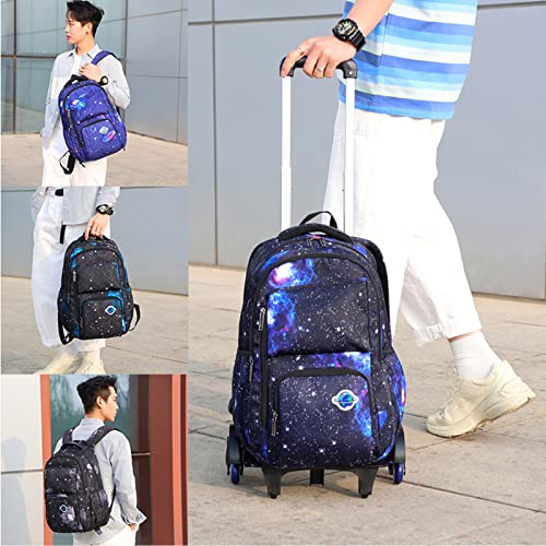 GLOOMALL Starry Sky Kids Trolley Rolling Backpack Primary School Bookbag with Wheels Travel Luggage (Black Blu Starry Sky)